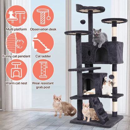 54 inch light gray cat tree tower with two condos – view 7