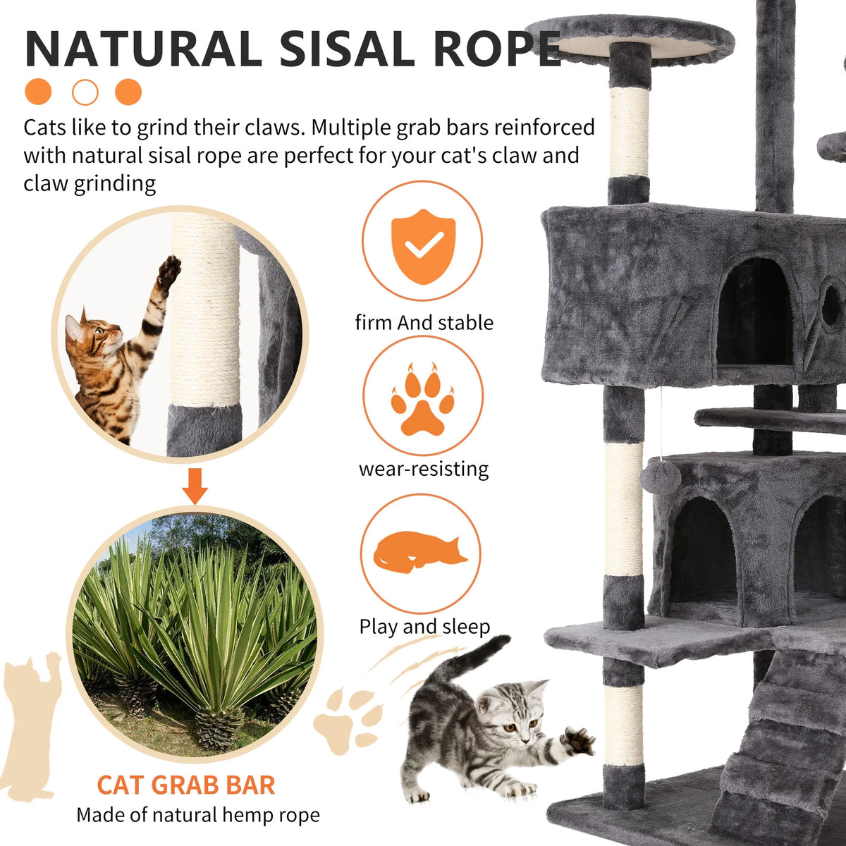 54 inch light gray cat tree tower with two condos – view 5