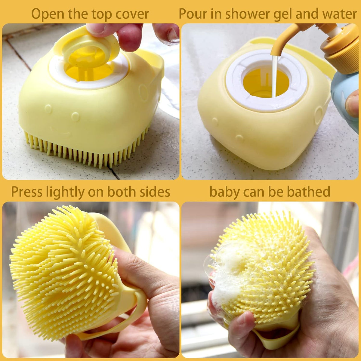 Yellow silicone dog bath brush with shampoo dispenser – view 4