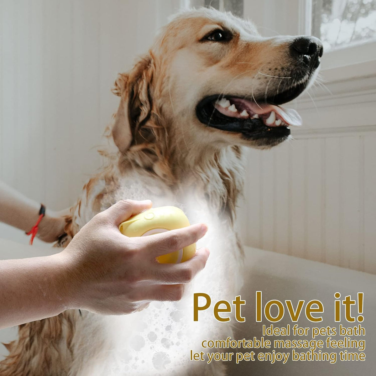 Yellow silicone dog bath brush with shampoo dispenser – view 2
