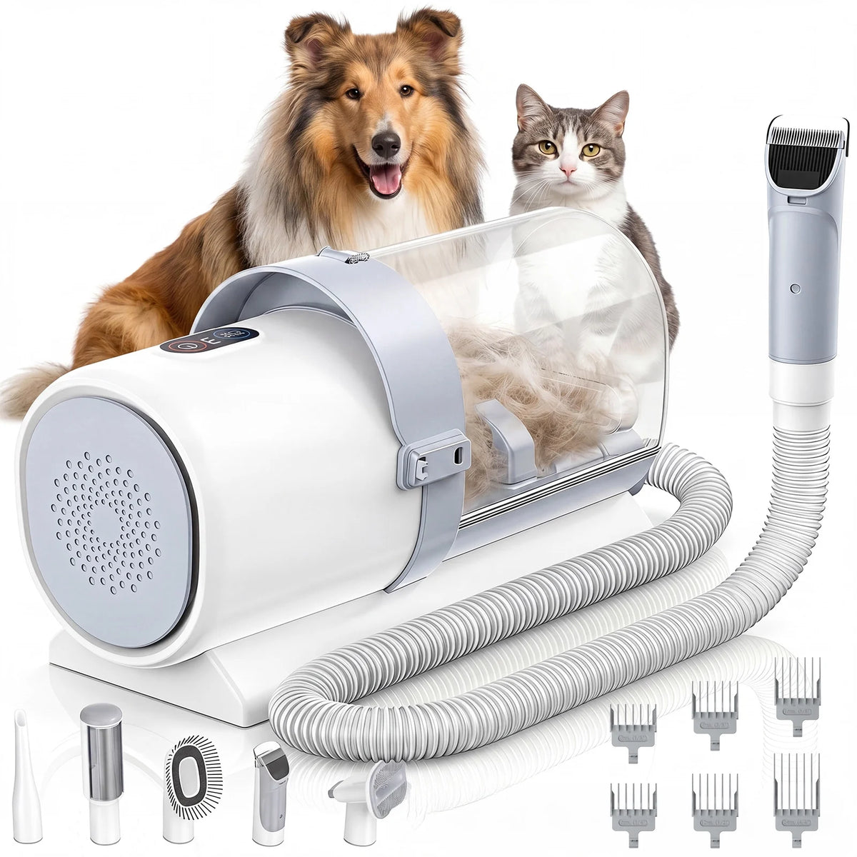 Pet grooming vacuum kit with clipper and brush attachments by Tailbright