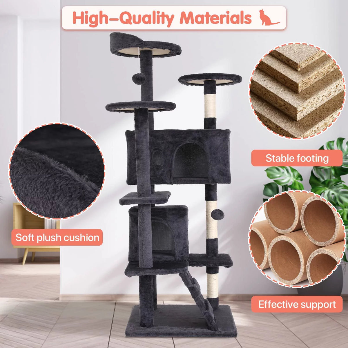 54 inch light gray cat tree tower with two condos – view 6