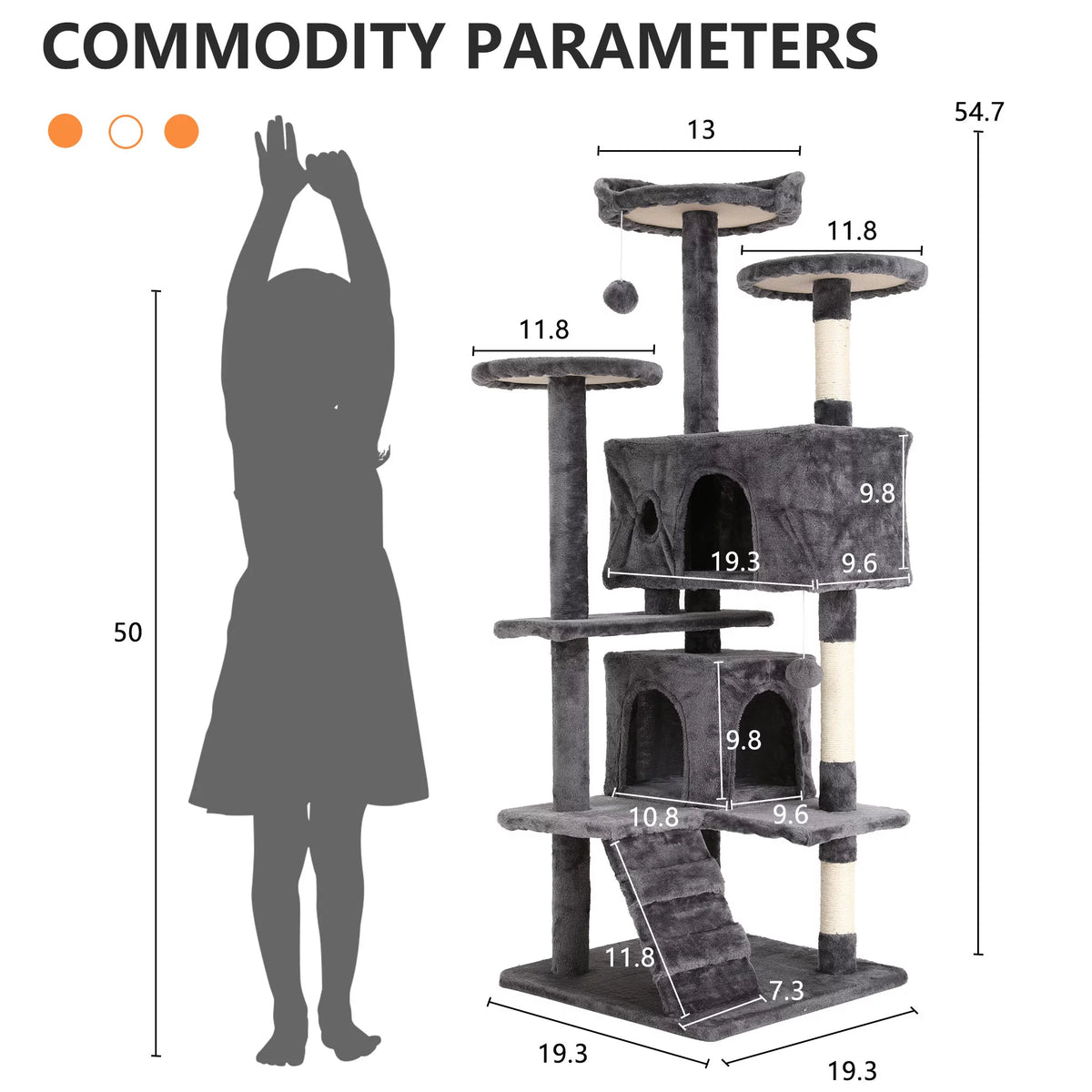 54 inch light gray cat tree tower with two condos – view 3