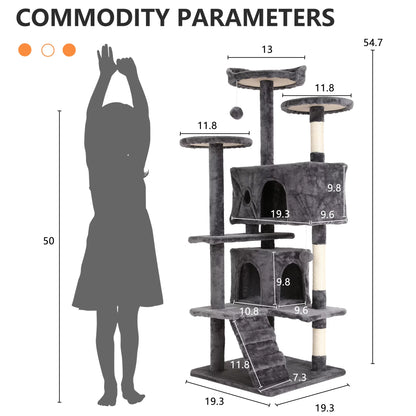 54 inch light gray cat tree tower with two condos – view 3