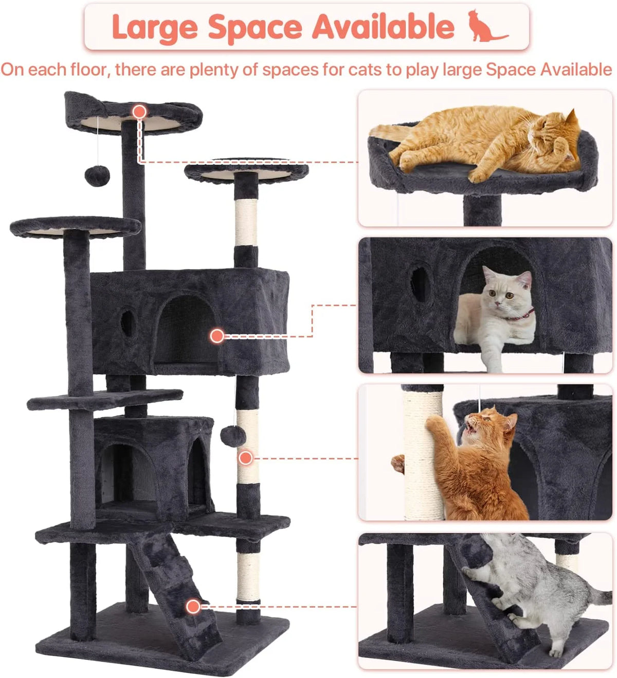 54 inch light gray cat tree tower with two condos – view 4