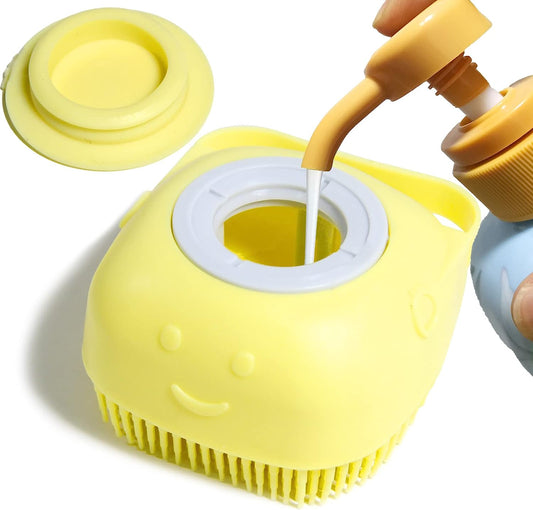 Yellow silicone dog bath brush with shampoo dispenser by Tailbright