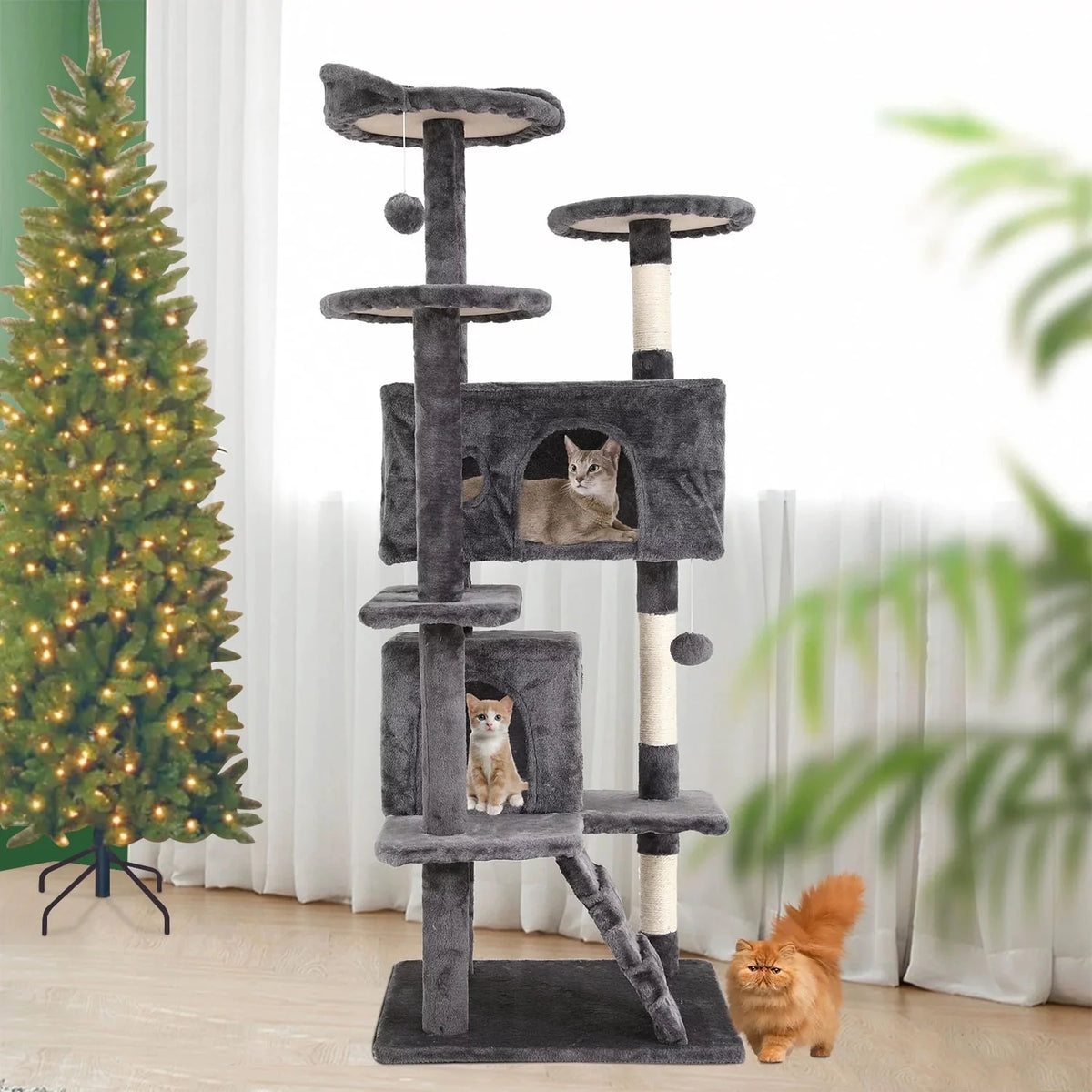 54 inch light gray cat tree tower with two condos by Tailbright