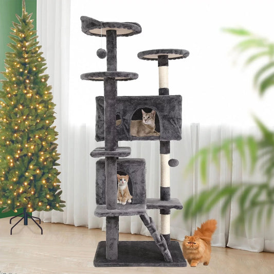 54 inch light gray cat tree tower with two condos by Tailbright